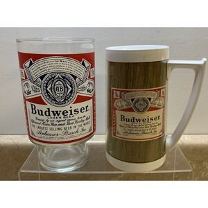 2 Vintage‎ Budweiser Beer Drinking Glass & Thermo-Serv Mug